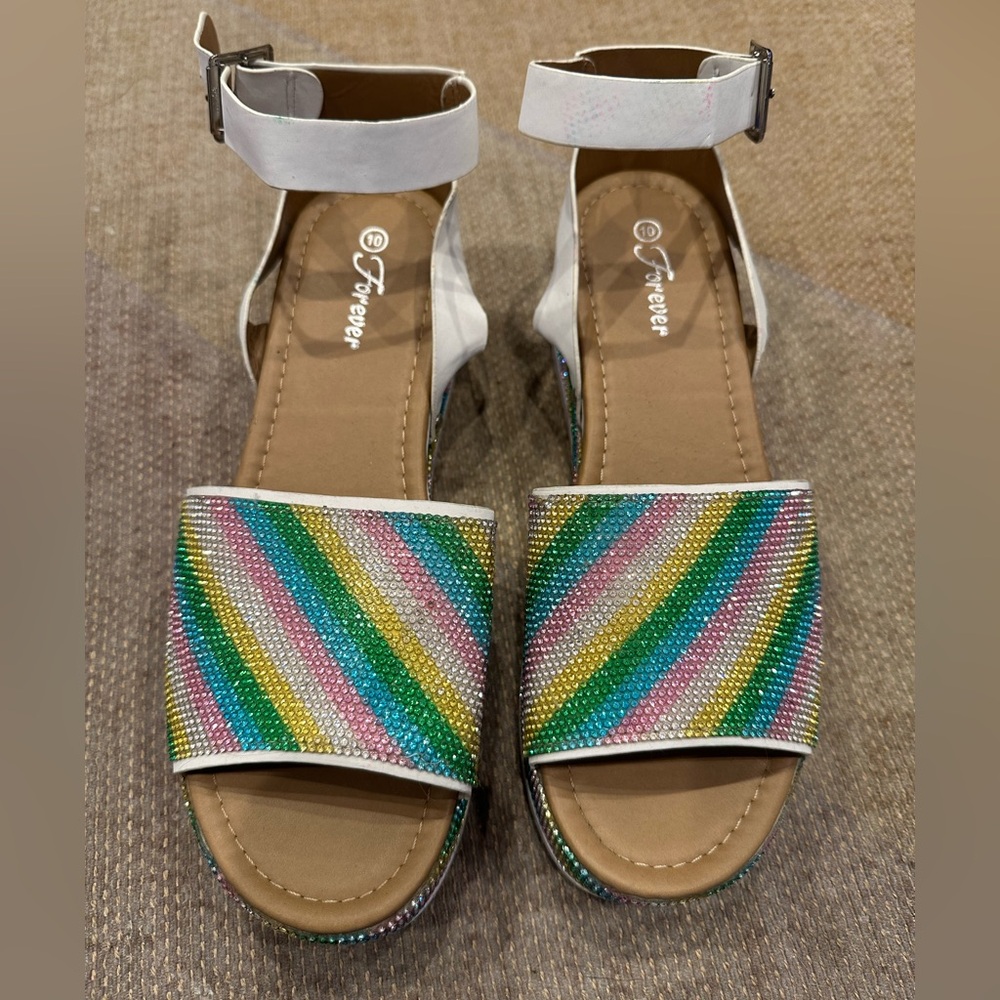 Colorful Rhinestone Wedge Sandals - Size 10